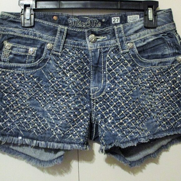 Nwot Miss Me Embellished Rhinestone denim Jean cut off Shorts Sz 27 - Picture 1 of 6